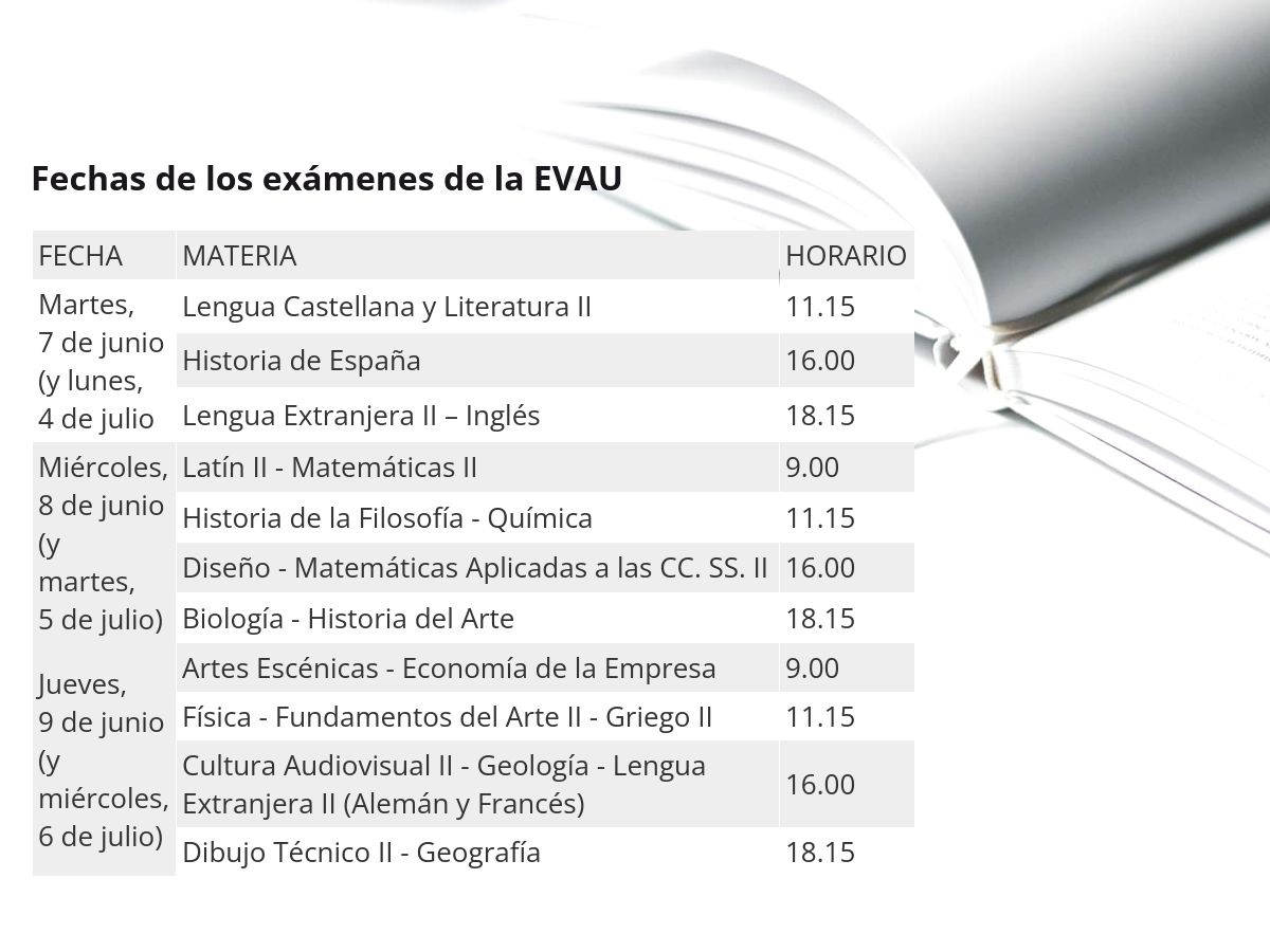 Calendario de la EvAU en Aragón fechas y horarios de los exámenes