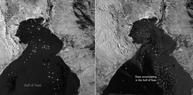 La imagen de la izquierda, capturada el 21 de marzo, muestra el tráfico marítimo de rutina en el canal. La de la derecha, del 25 de marzo, muestra el barco bloqueando el paso