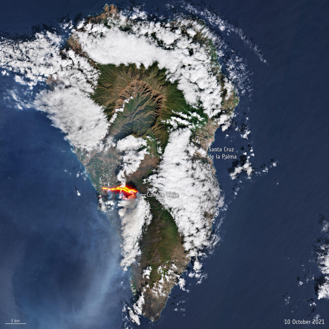 Imagen del volcán de la Palma desde el espacio, tomada por la Agencia espacial Europea