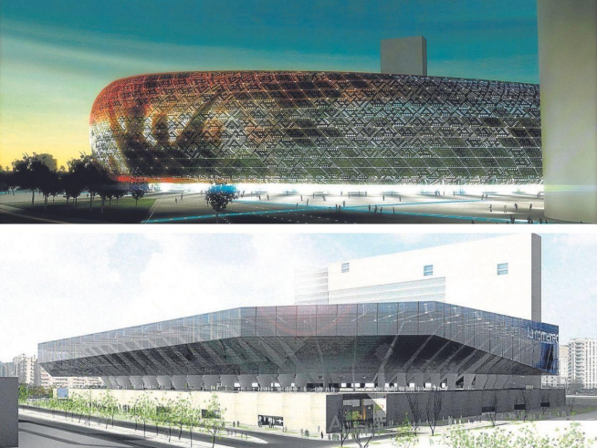 Arriba, el estadio que se planteó en 2008, en San José; abajo, el proyecto de 2004 en el mismo emplazamiento.
