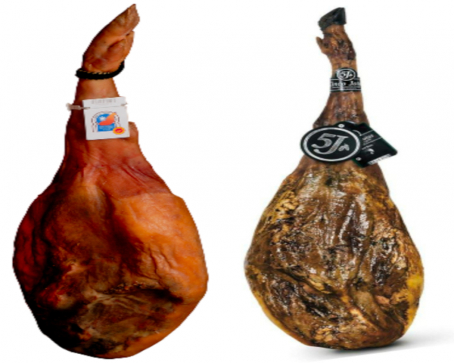 A la izquierda, el Jamón de Teruel, y a la derecha, el Jamón Ibérico (5J).