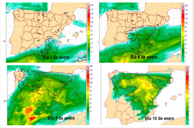Evolución de la borrasca desde el jueves hasta el domingo 10 de enero