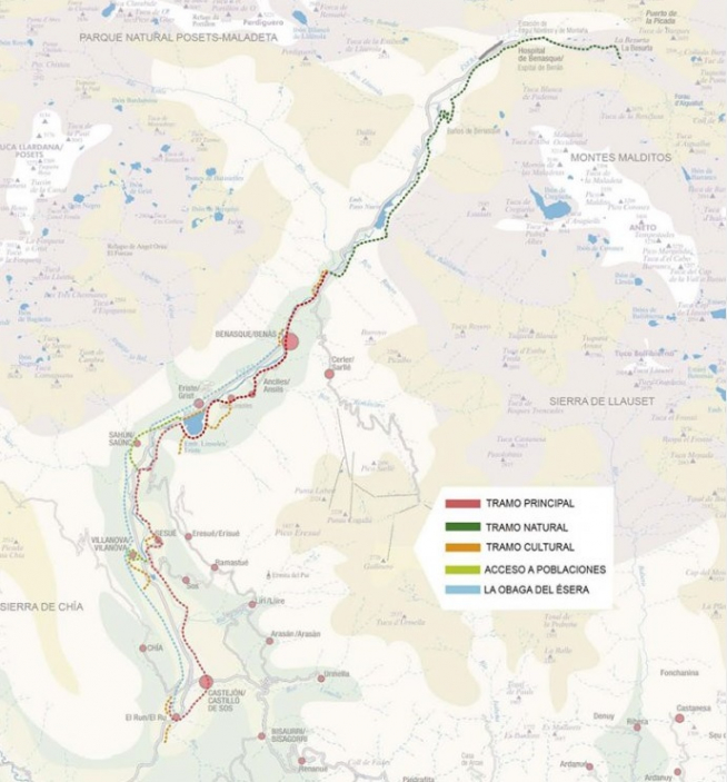 Mapa de la vía verde que se proyecta en el valle de Benasque en paralelo al Ésera.