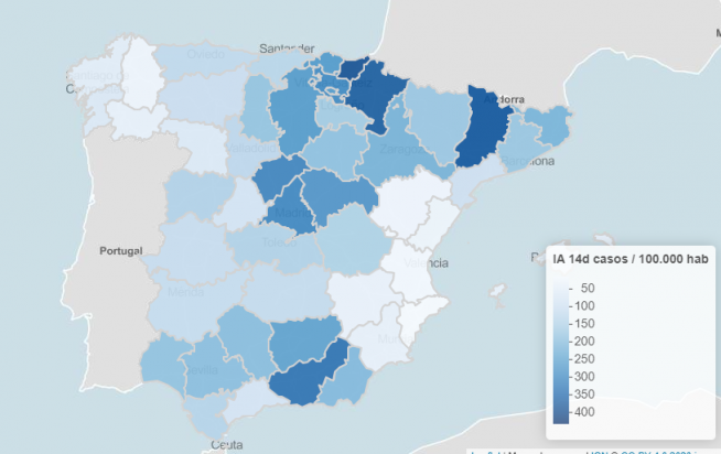 Incidencia acumulada a 14 días en España