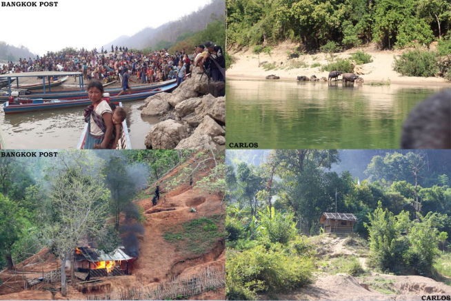 Situación de los desplazados en la frontera entre Birmania y Tailandia; y cabañas militares del ejército birmano en la orilla del río.