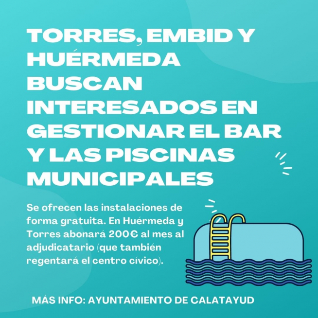 Abierto el plazo para la contratación de las piscinas de Huérmeda, Torres y Embid.