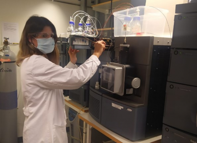 La investigadora del CITA Eva Tejedor, trabajando con los equipos de extracción y análisis en la Universidad de Lund (Suecia)