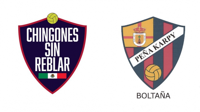 Los escudos de las peñas de la SD Huesca 'Chingones siempre sin reblar' y 'Karpy'.