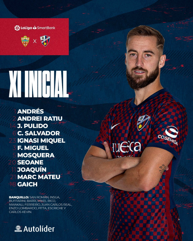 Once titular y suplentes del Huesca en Almería.