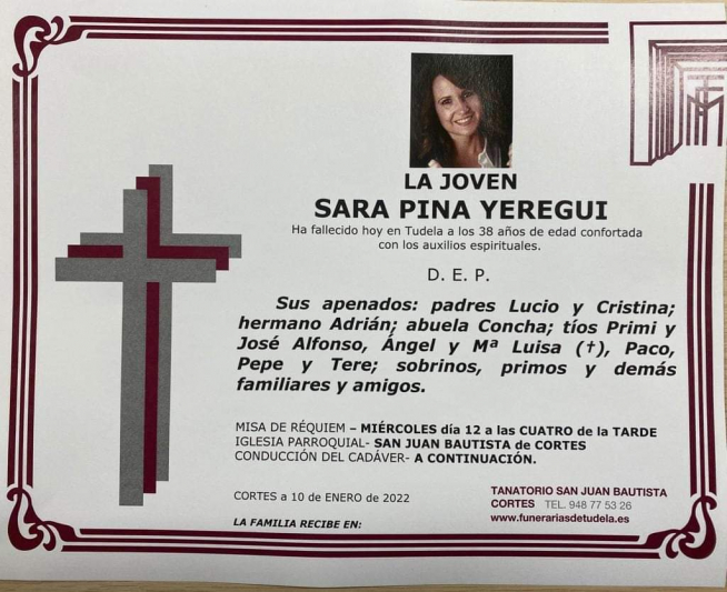 Esquela de Sara Pina, la mujer asesinada por su marido en Tudela.