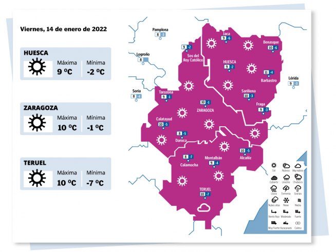 Mapa del tiempo en Aragón del 14 de enero de 2022