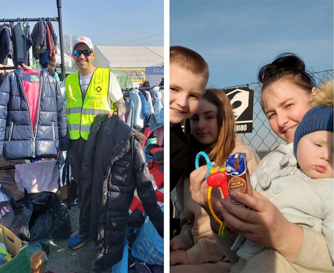 A la izquierda, Santiago Sánchez, voluntario en la frontera de Polonia con Ucrania. A la derecha, una familia de refugiados.