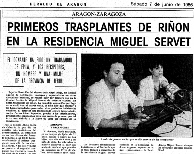 Recorte de Heraldo con la noticia del primer trasplante de riñón en el Servet en 1986.