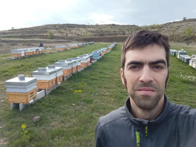 David Visús, apicultor profesional de la localidad zaragozana de Bulbuente, con sus colmenas.