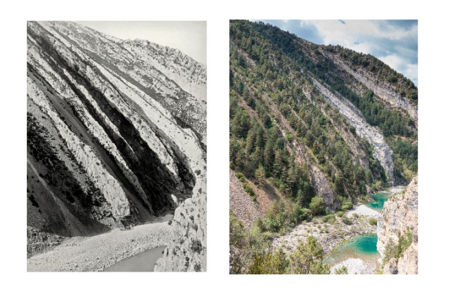 El río Ara en la foz de Jánovas y el juego de estratos en sus laderas (117 años de diferencia).