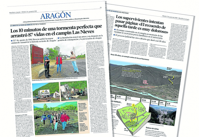 Páginas del 25 aniversario de la tragedia de Biescas publicadas en HERALDO DE ARAGÓN el 7 de agosto de 2021.
