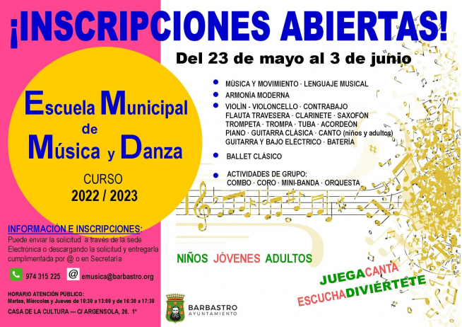 Inscripciones Escuela de Música y Danza de Barbastro.