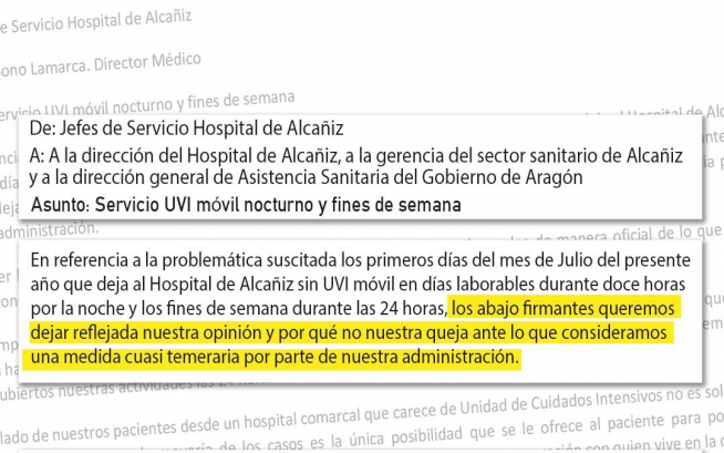 Mensaje de los jefes de Servicio del Hospital de Alcañiz.