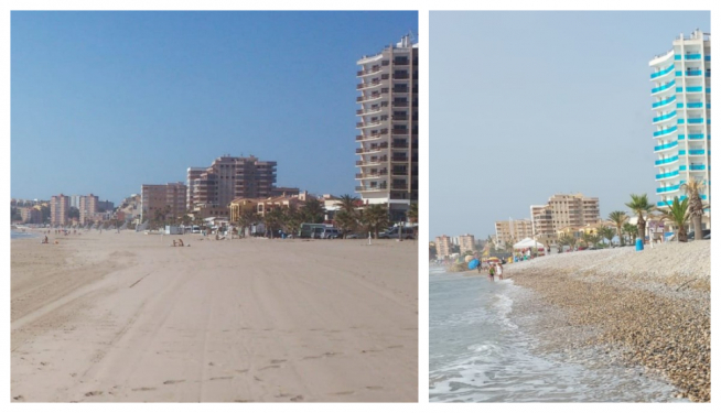 La playa de Morro de Gos, en Oropesa de Mar, en 2015 (izquierda) y 2022