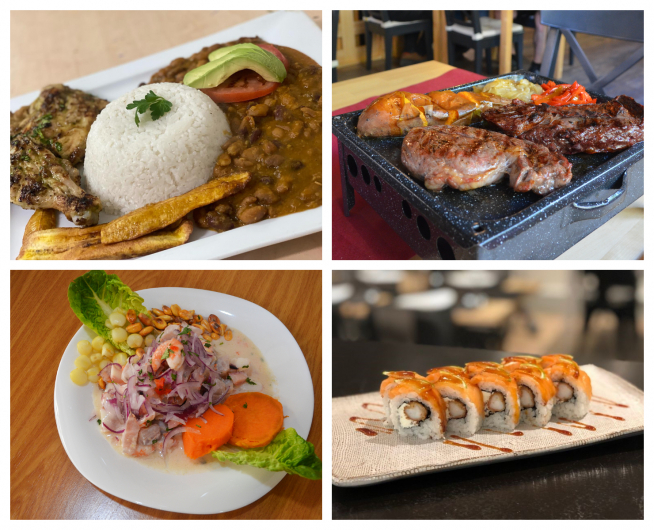 Arriba, plato combinado del restaurante ecuatoriano La Hueca y surtido de carnes del restaurante uruguayo Charrúa; abajo, seviche del restaurante Perú Sabor y Maki Amadare de Punto gastronómico