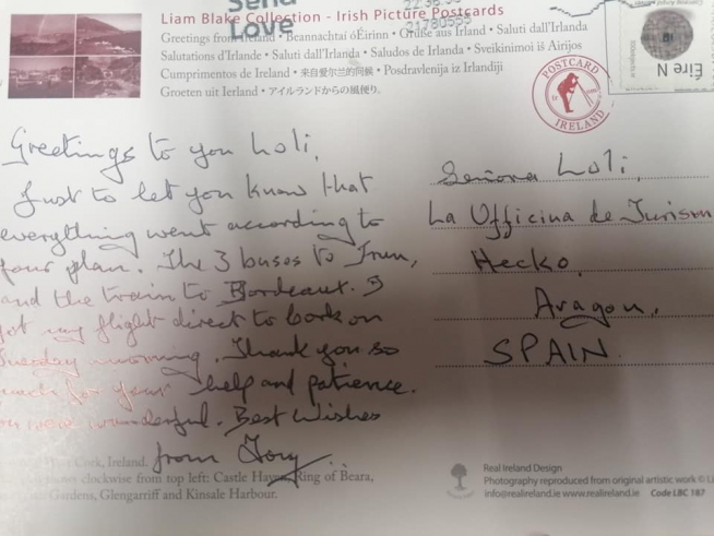 La postal de agradecimiento del turista irlandés llegó hasta Hecho