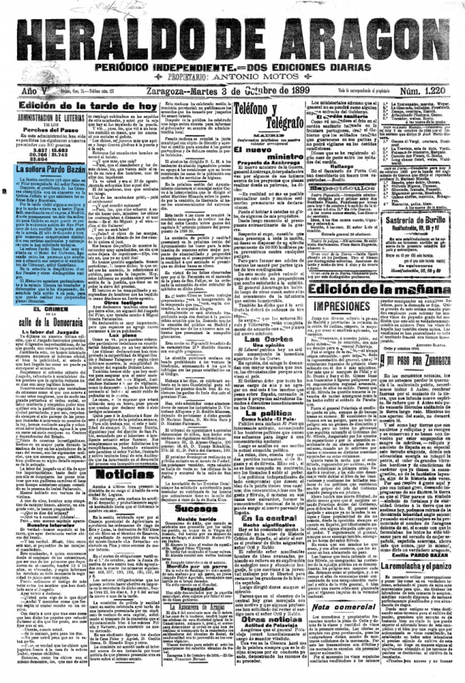 Página del Heraldo del 3 de octubre de 1899 con la reseña de la visita a Zaragoza de Emilia Pardo Bazán.