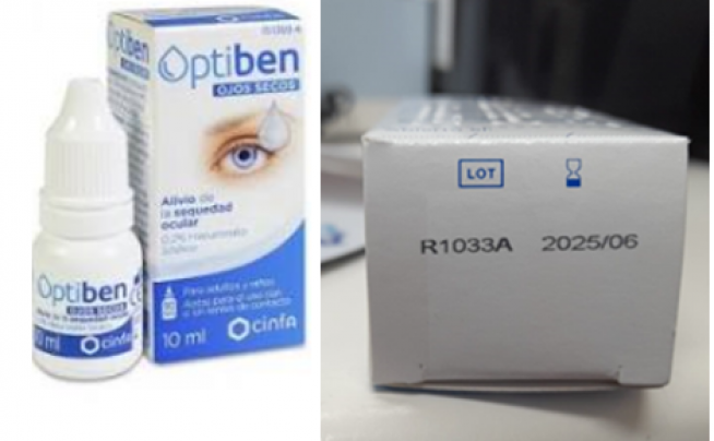 Cese de utilización y retirada del mercado del lote R1033A de la solución  oftálmica Optiben Ojos Secos 10ml