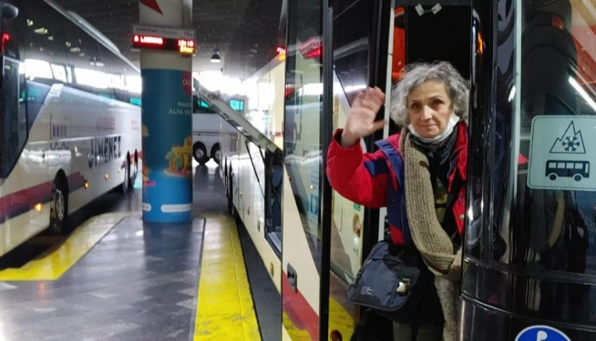 Carmen Lafuente, saliendo desde Zaragoza en autobús.