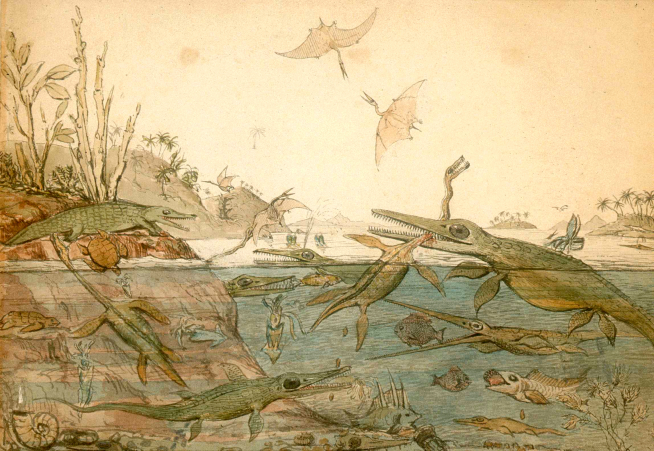 ‘Duria Antiquior’, acuarela de 1830, es la primera representación de una escena de vida prehistórica basada en evidencias fósiles.