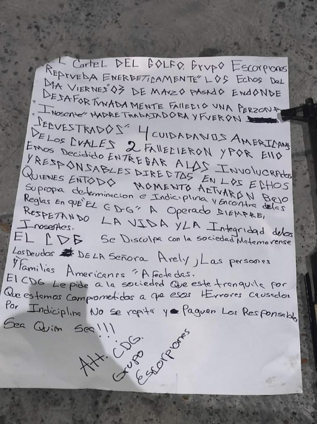 Supuesta carta dejada por los narcotraficantes