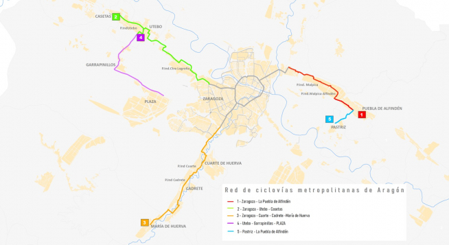 Mapa de los carriles bici que conectarán con los polígonos y los barrios rurales de Zaragoza.
