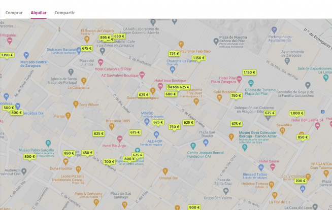 El mapa de los precios de alquiler en el Casco Histórico.