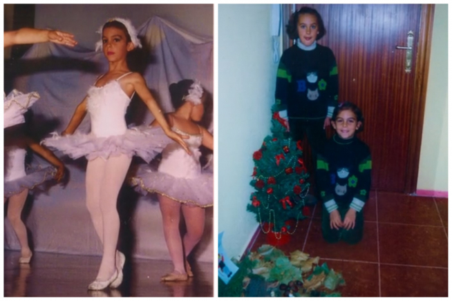 Georgina Rodríguez en una función de ballet y, al lado, junto a su hermana con el árbol de Navidad en su casa de Jaca.