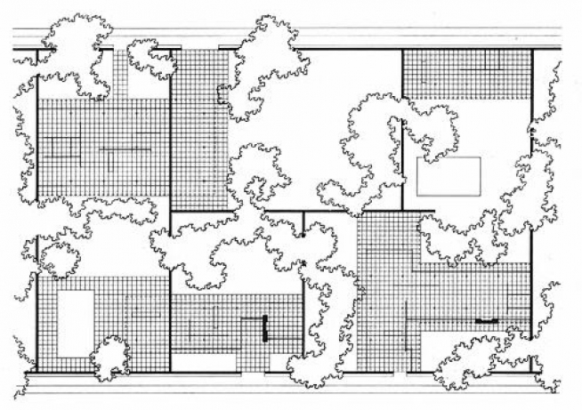 El concepto de Mies Van der Rohe de una casa con tres patios.