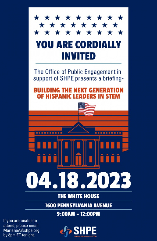 Invitación para participar en el encuentro de estudiantes de ingeniería hispanohablantes que se celebra en la Casa Blanca.