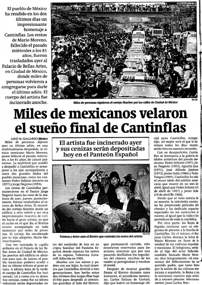 Crónica del funeral de Mario Moreno 'Cantinflas' en las páginas de HERALDO del 23 de abril de 1993