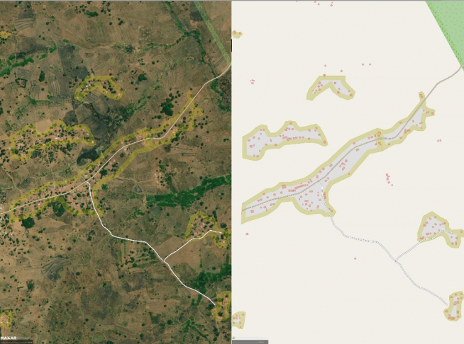 A vista de satélite, edificaciones ya etiquetadas y agrupadas por asentamientos en una pequeña zona de algo menos de 10 km de ancho. A la derecha, cartografía digitalizada: edificaciones y perímetro de los asentamientos.