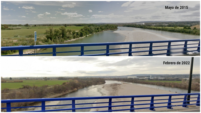 Comparación de la cuenca del Ebro en el puente de la Z-40 entre 2015 y 2022.