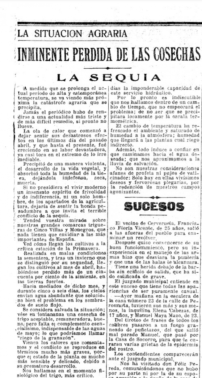 Artículo sobre la sequía publicado en HERALDO el 10 de mayo de 1923