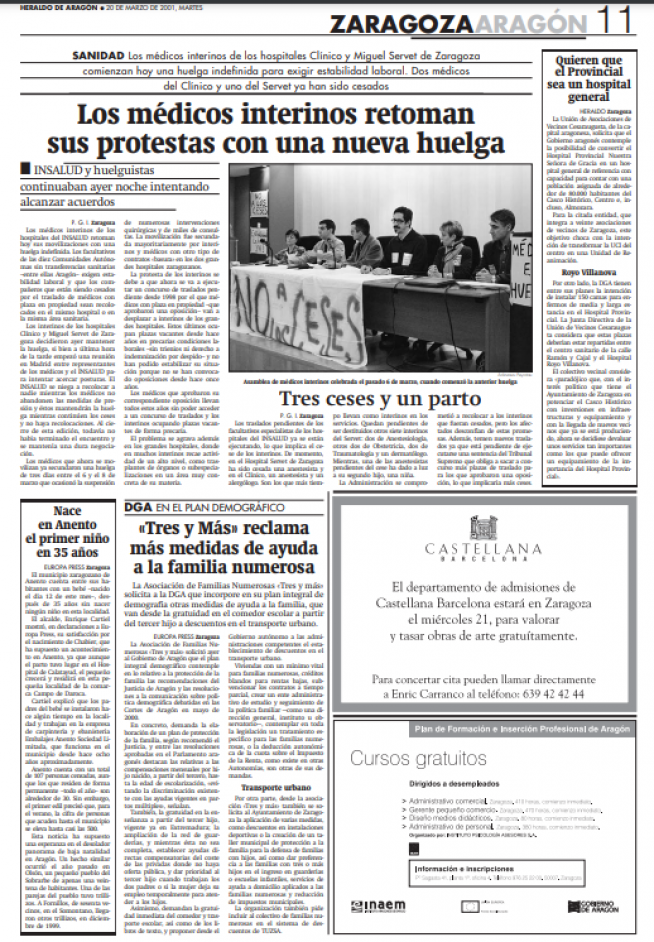 Página de Heraldo de Aragón de 2001 que recoge la noticia del nacimiento de Chabier Herrera en Anento.
