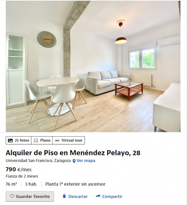 Un piso en alquiler en Idealista de tres habitaciones por 790 euros al mes en la zona de la Universidad.