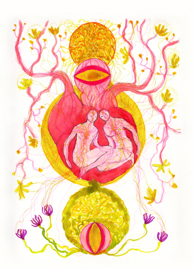 El dibujo 'En el corazón de Buda'. Mapi Rivera complementa su fotografía con el video, los dibujos y los poemas.