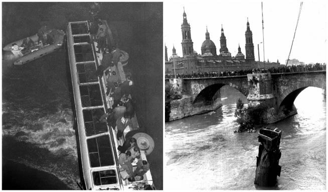 Imágenes del rescate de los heridos tras la caída del autobús en el Ebro y de la extracción del vechículo.