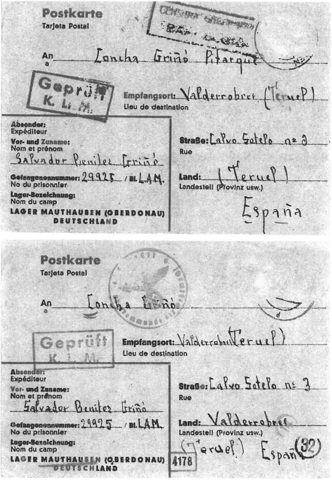 Carta postal remitida por Benítez desde el campo nazi austriaco de Mauthausen a su madre, Concha Griñó, que vivía en Valderrobres.