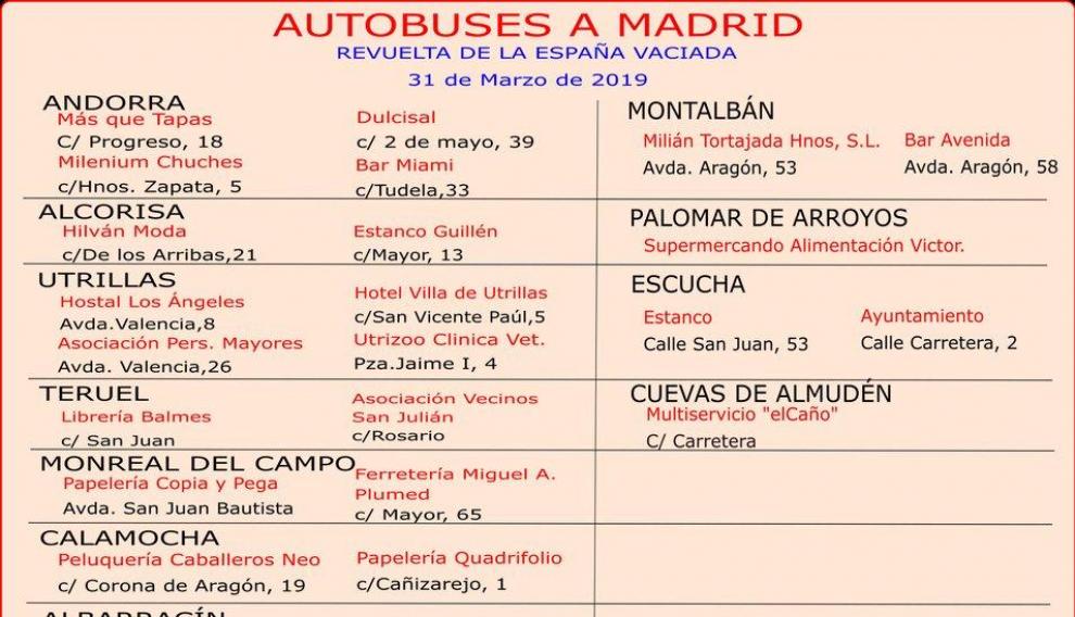 Puntos de salida y venta de billetes en Teruel para los autobuses a la Revuelta de la España Vaciada.