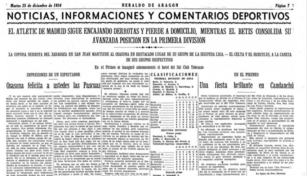 Extracto de la página de HERALDO DE ARAGÓN del 25 de diciembre de 1934, día de Navidad, en la que se recogían los marcadores y clasificaciones del fútbol español de aquel incipiente momento. Por primera vez, se anunciaba la retirada del CD Logroño.