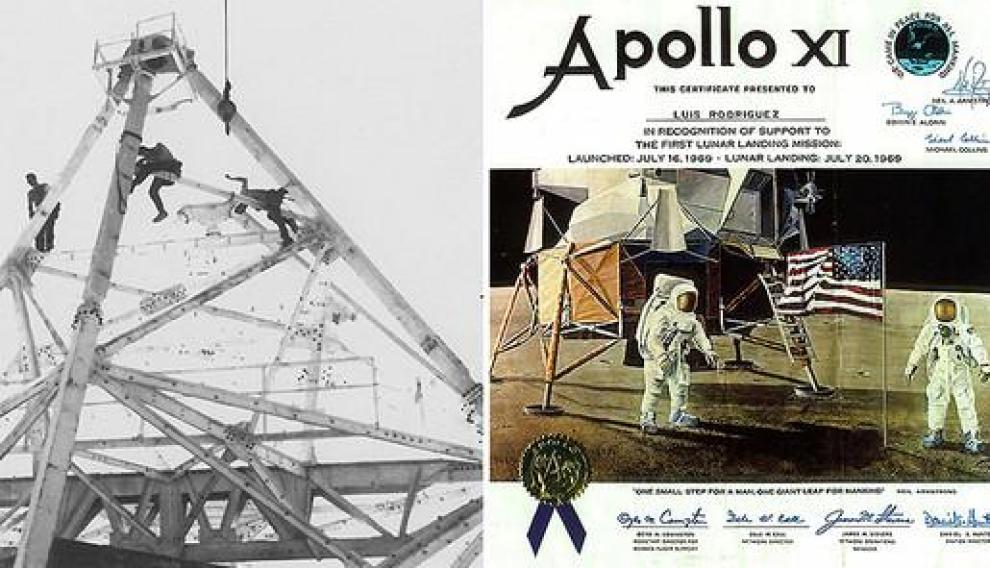 Obreros trabajando en la antena y diploma que entregó la NASA a Luis Rodríguez por su participación en la misión Apolo XI.