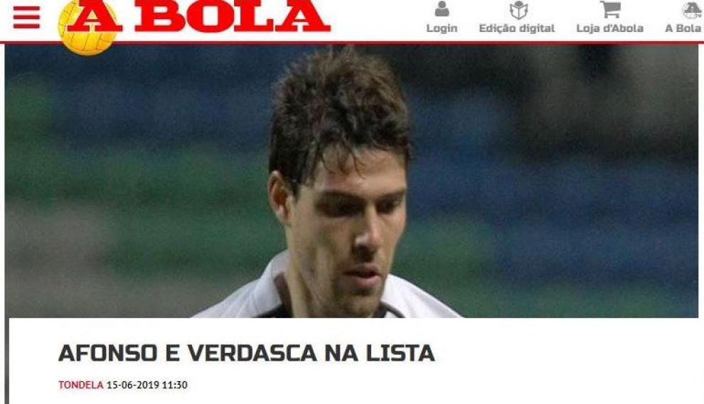 Información de A Bola en la que se reseña el interés del Tondela por el zaragocista Verdasca.