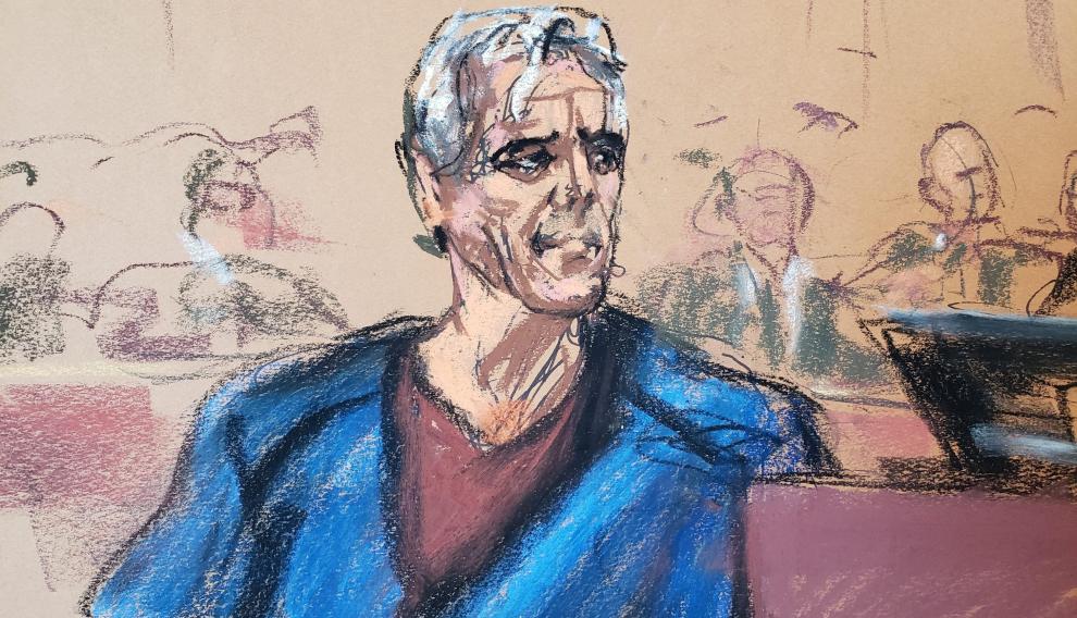Dibujo de Jefrey Epstein realizado este lunes en el tribunal de Nueva York.