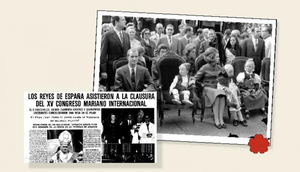 Los entonces Príncipes de España y sus tres hijos asisten a la Ofrenda en 1970. Debajo, recorte del HERALDO del 13 de octubre de 1979. archivo heraldo